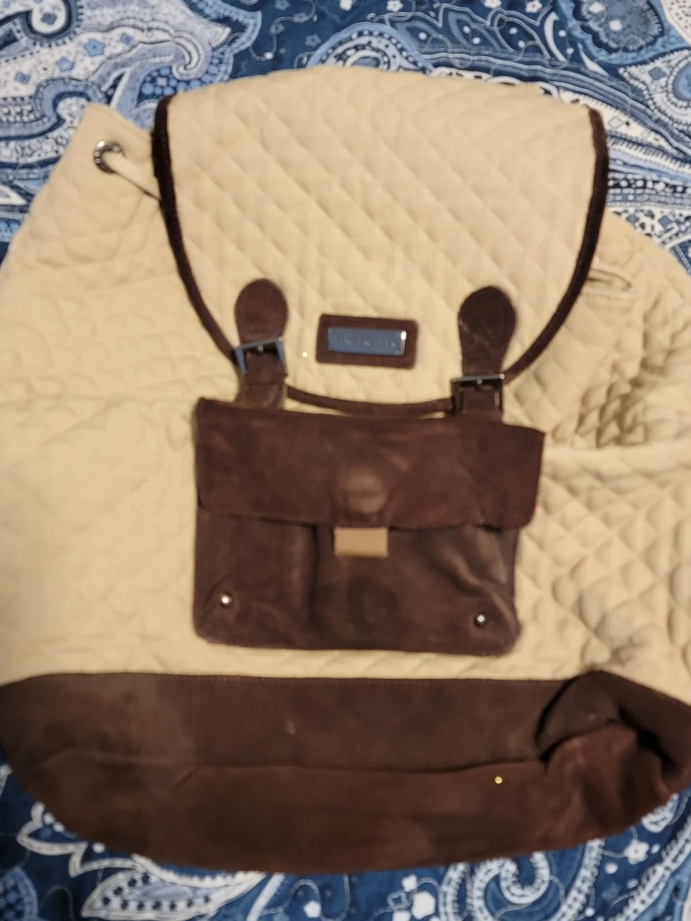 Vera Bradley Cream Canvas Quilted Backpack with Brown Suede Accents